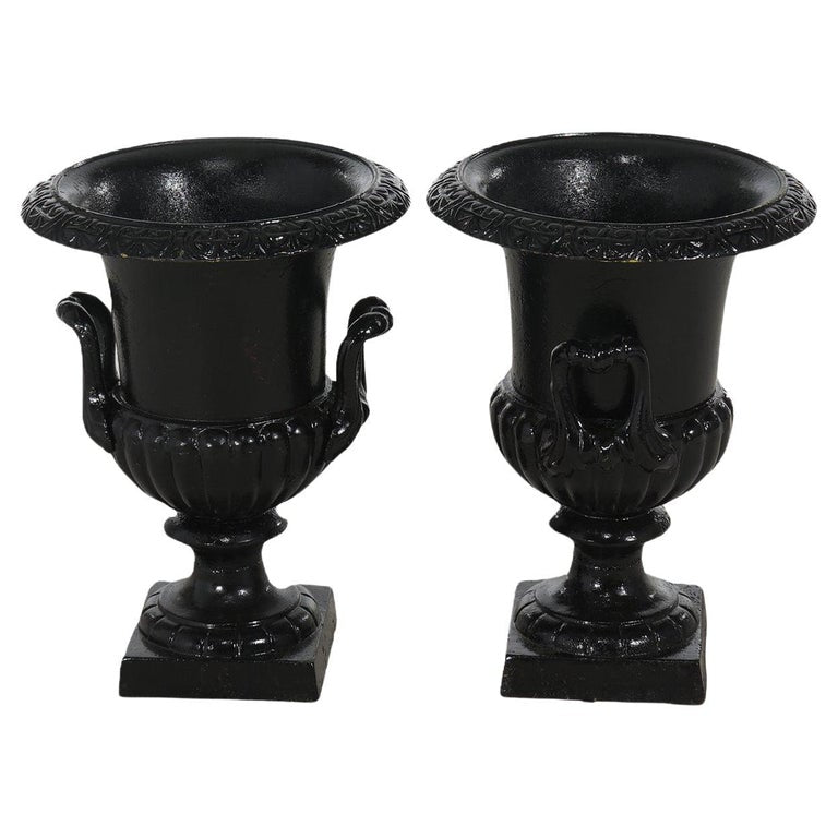 Pair Neoclassical Cast Iron Ribbed Melon-Bowl Double Handled Garden Urns 20thC