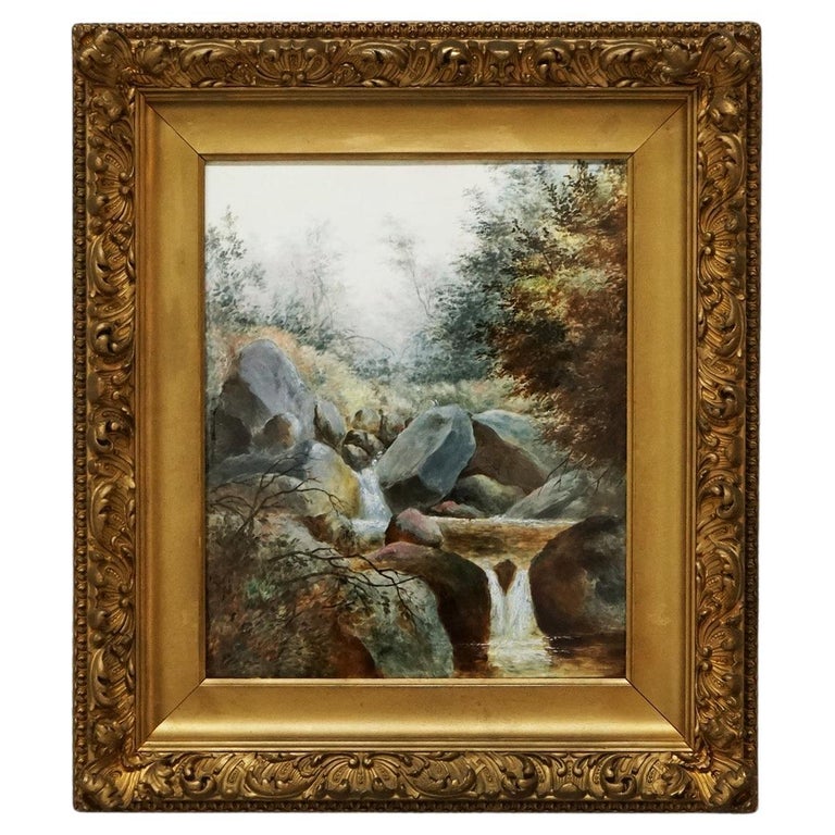 Antique KPM Berlin Continental Porcelain Plaque, Landscape with Waterfall, C1880