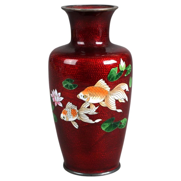 Antique Japanese Cloisonne Enameled Vase with Koi Fish Decoration C1930