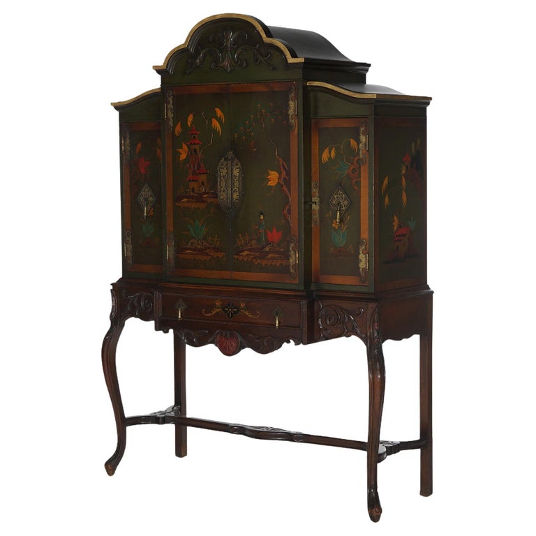 Antique French Style Carved Mahogany Polychromed Chinoiserie Decorated