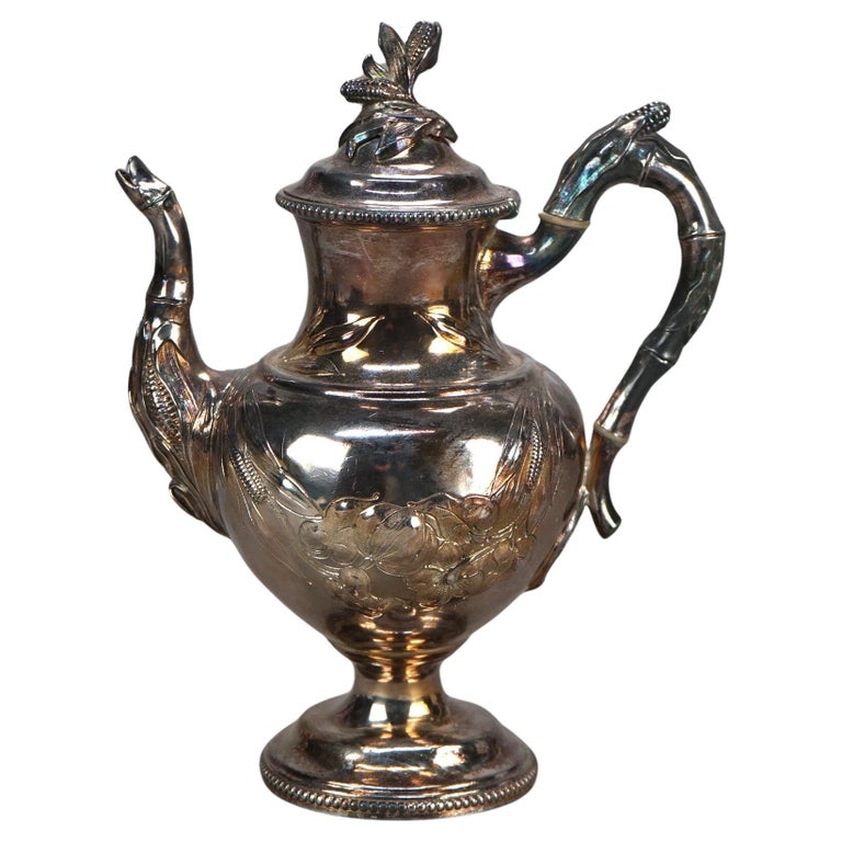 Antique Silver Plated Teapot with Foliate Engraving C1890