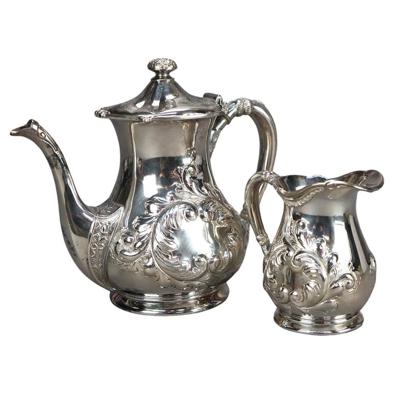 Two Piece Antique Silver Plated Tea Set with Foliate Engraving C1890