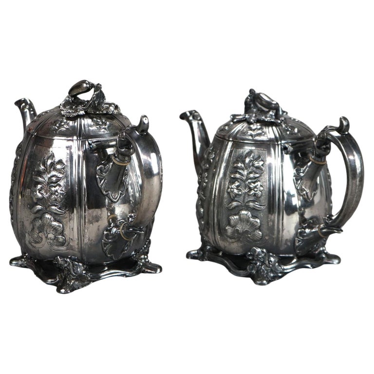 Two Antique English Sheffield Silver Plated Tea Pots with Garden Elements C1890