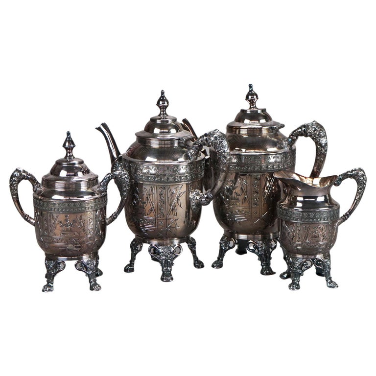 Four Piece Antique Silver Plated Footed Tea Set C1890