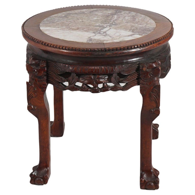 Chinese Deeply Carved Hardwood & Inset Marble Round Plant Stand 20thC