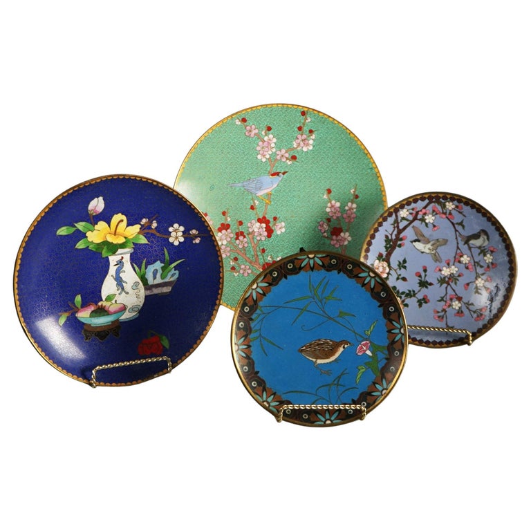 Four Antique Chinese Cloisonne Enameled Plates C1920