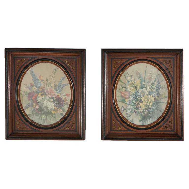 Pair of Deep Walnut Ebonized, Incised & Gilt Frames Housing Floral Prints C1890