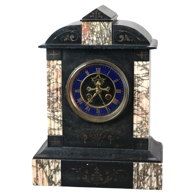 Antique American Empire Slate & Marble Clock with Blue Enamel Open Escapement