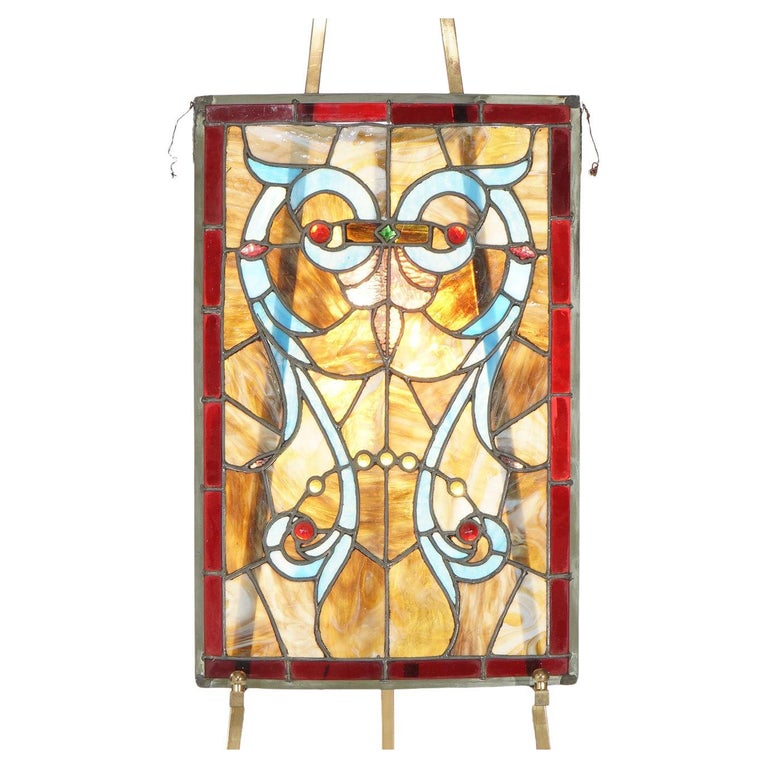 Arts & Crafts Leaded Slag & Jeweled Stained Glass Window with Stylized Owl c1920