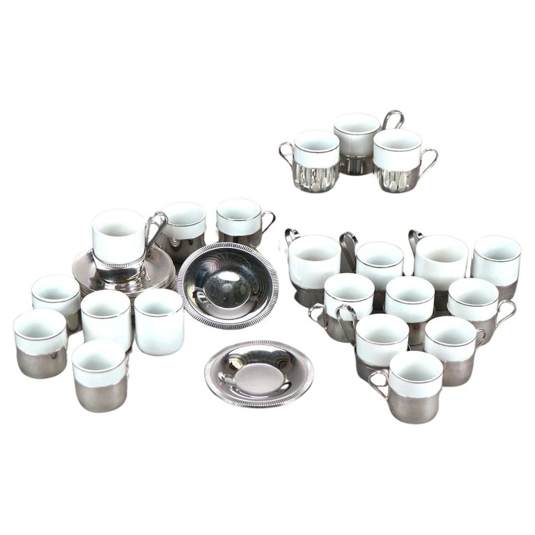 67 Piece Antique French Porcelain & Silver Plate Demitasse Set 1920