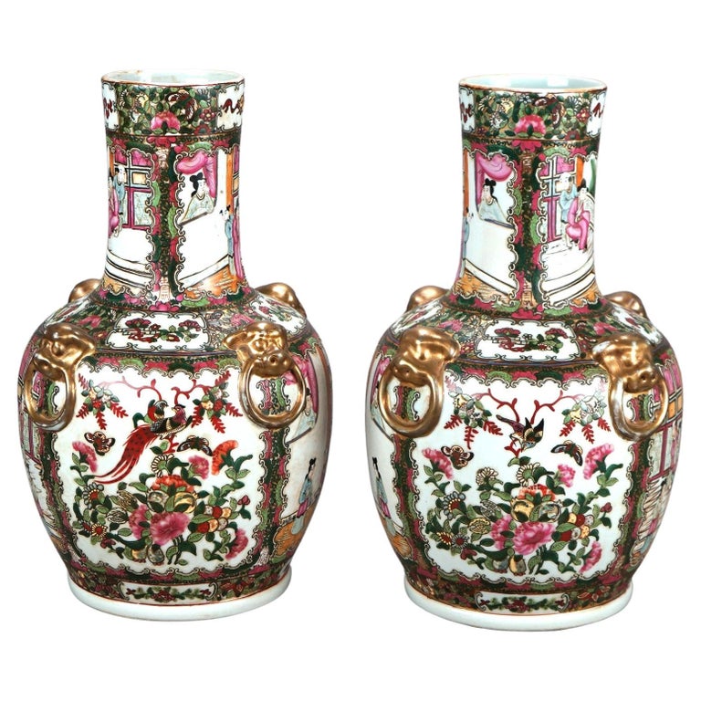 Pair Chinese Rose Medallion Gilt & Enameled Figural Genre Scene Vases 20thC