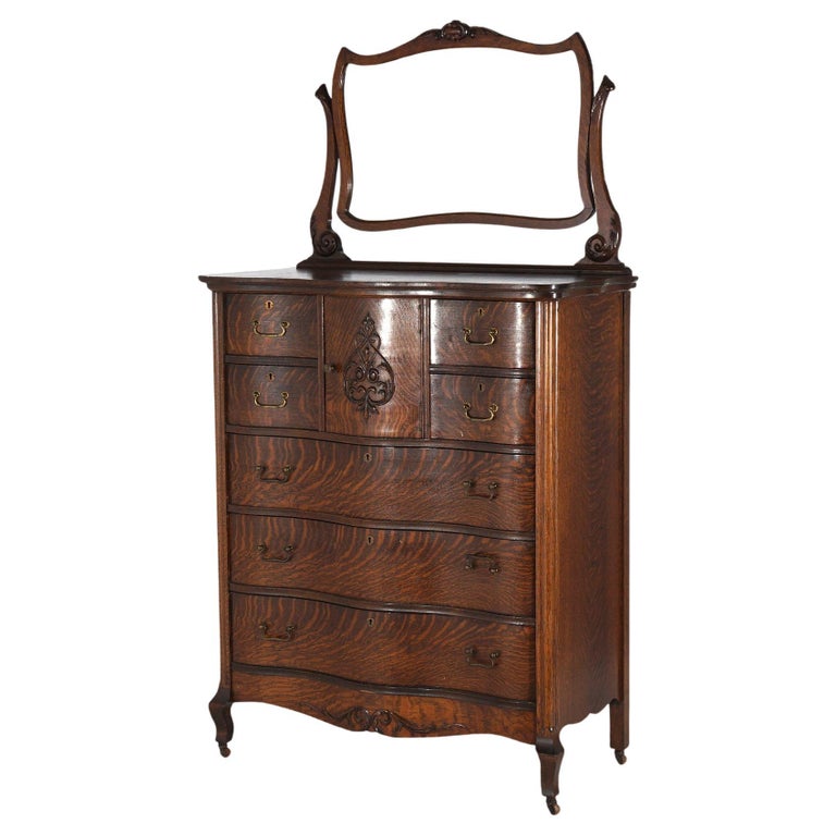 Antique Serpentine Oak Chiffonier Highboy Dresser with Mirror C1900