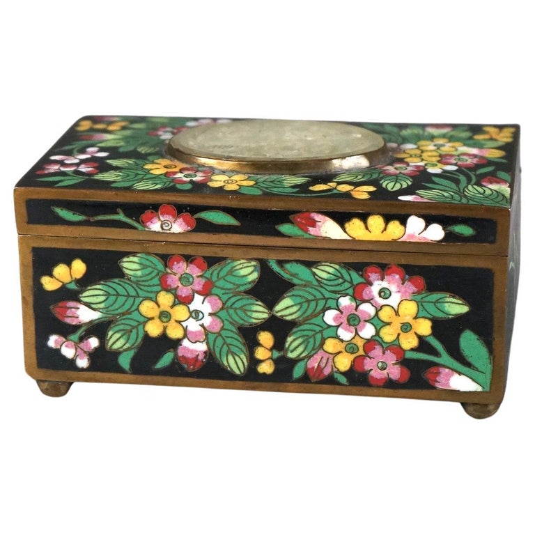 Antique Chinese Cloisonne Floral Enameled & Carved White Jade Dresser Box C1920