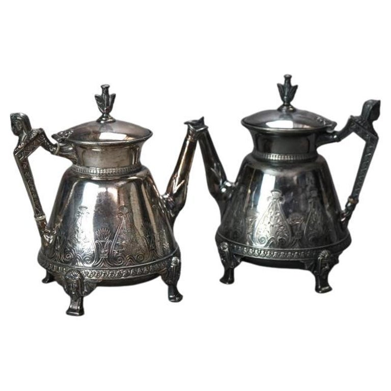 Two Piece Antique Silver Plated Figural & Footed Teapots C1890