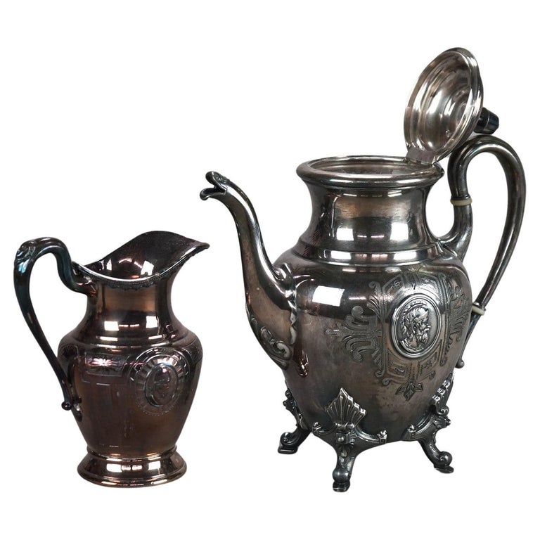 Two Piece Antique Figural Silver Plated Tea Set with Warrior Cameo C1890