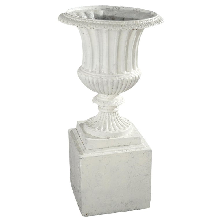 Antique Classical Grecian Form White Painted Cast Iron Garden Urn 20thC