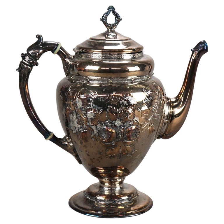 Antique Silver Plated Teapot with Foliate Engraving C1890