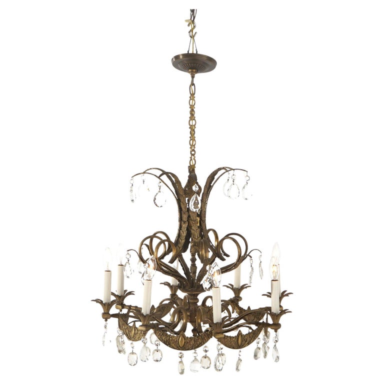 Vintage French Louis XIV Style Bronze & Crystal Eight-Light Chandelier C1930