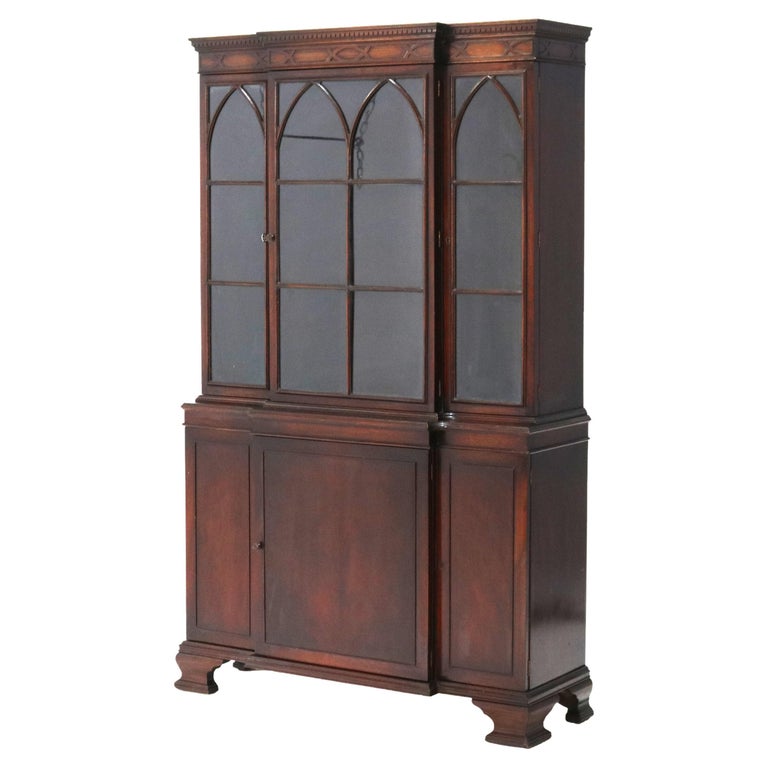 Antique Gothic Revival Flame Mahogany Step Back China Cabinet C1930