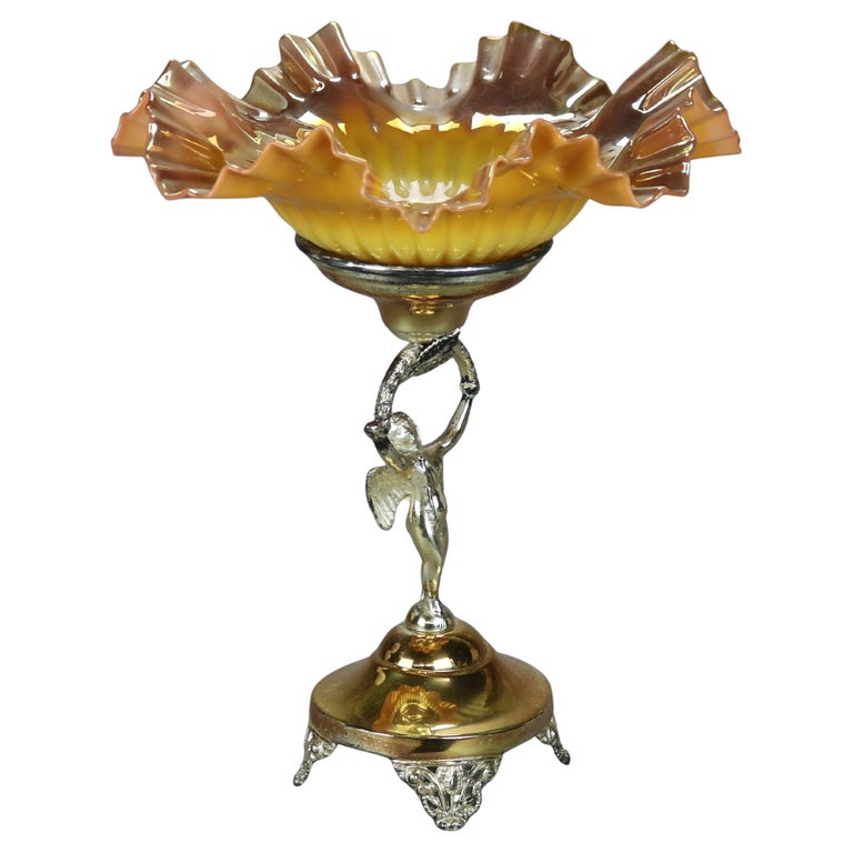 Antique Victorian Figural Cherub Silver Plated Console & Peach Blow Ruffled Bowl