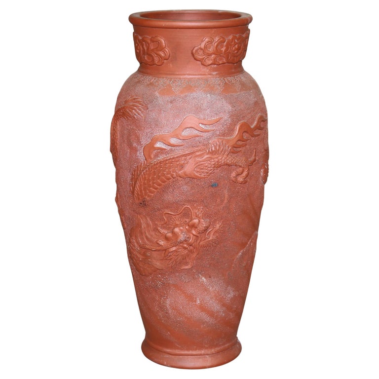 Japanese Embossed Terra Cotta Vase with Dragon C1930