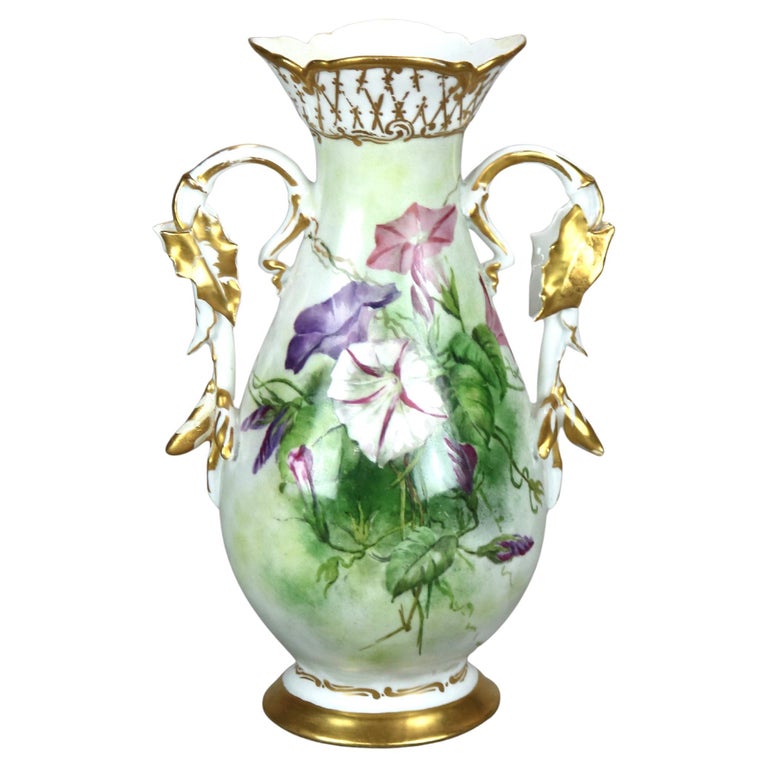 Antique French Limoges Morning Glory Floral & Gilt Hand Painted Porcelain Vase