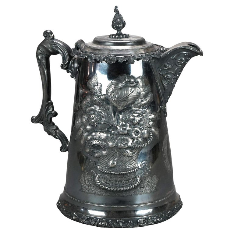 Antique Silver Plated Pitcher with Foliate Engraving C1890