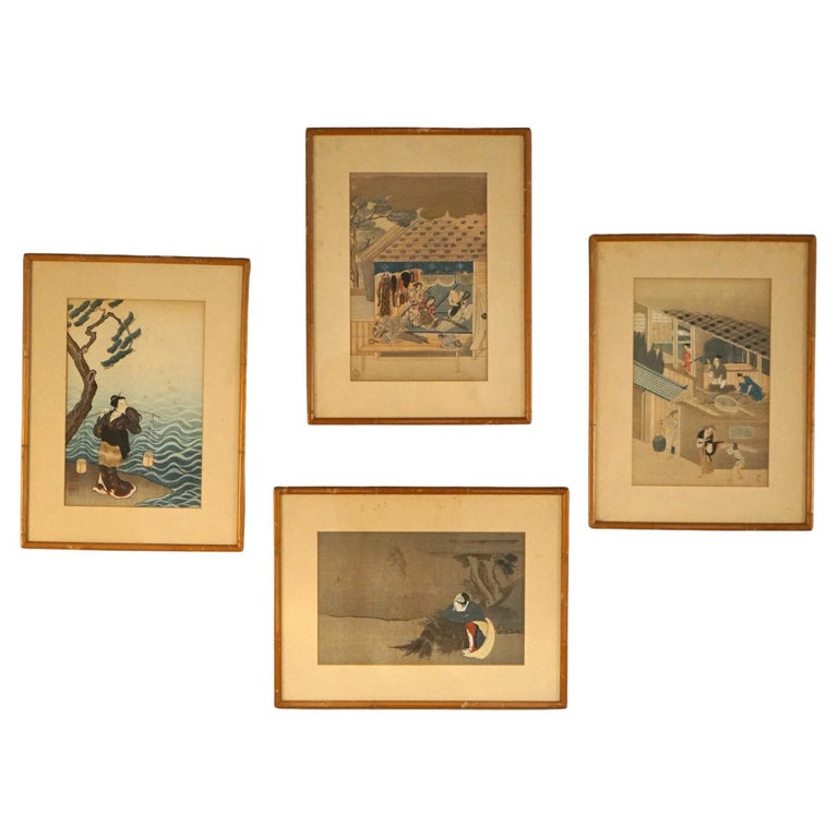 Four Antique Japanese Woodblock Prints, Framed, C1920
