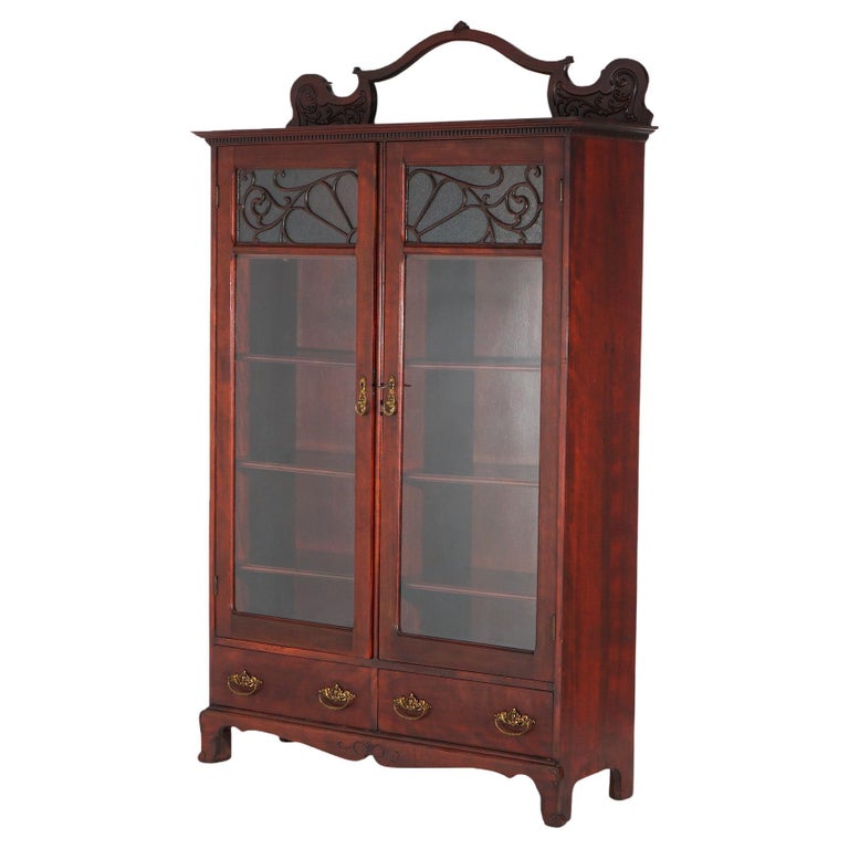 Antique Art Nouveau Horner School Carved Mahogany Double Door Mirrored Bookcase