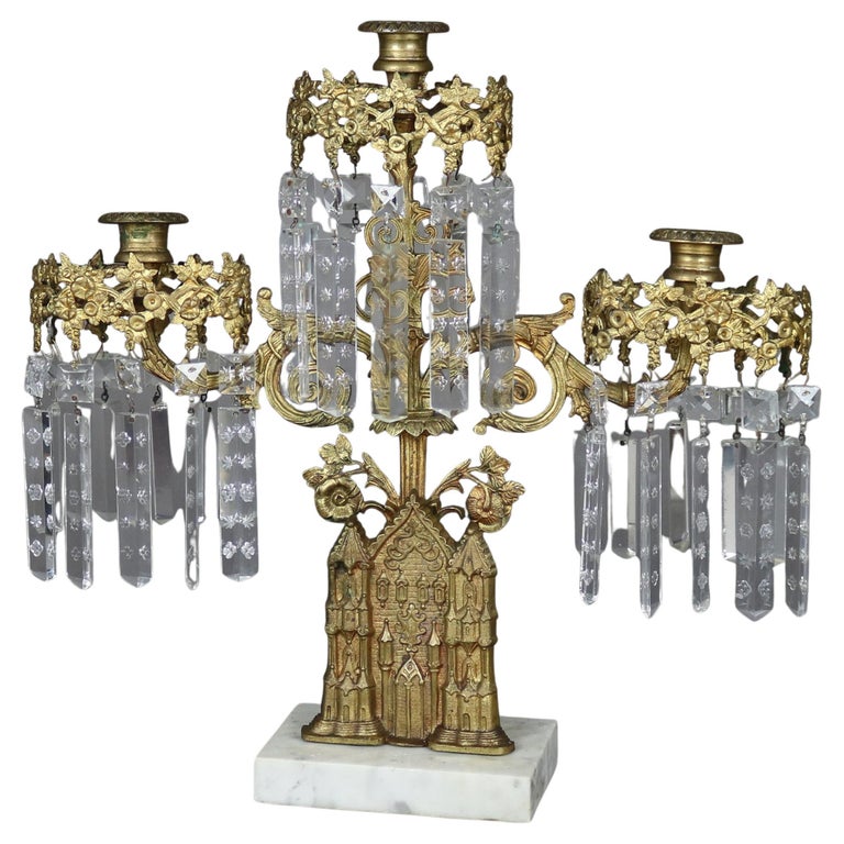 Antique Brass, Marble & Crystal Girandole Candelabra with Bigelow Chapel c1890