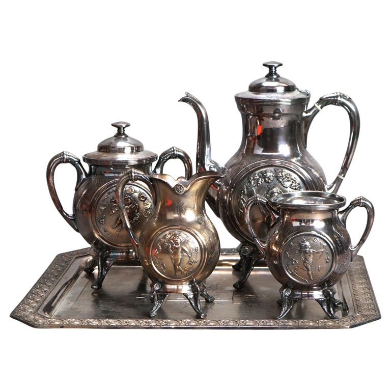 Antique Five Piece Bailey & Brainard Egyptian Revival Silver Plate Tea Set C1890
