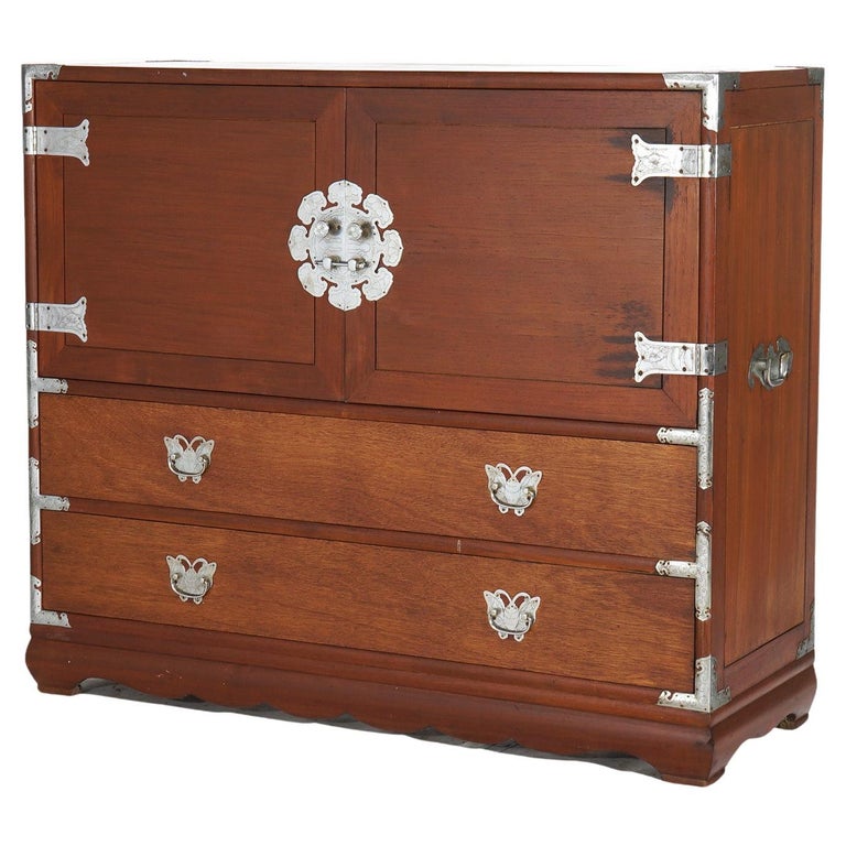 Japanese Mahogany Wedding Cabinet with Embossed & Butterfly Hardware C1930