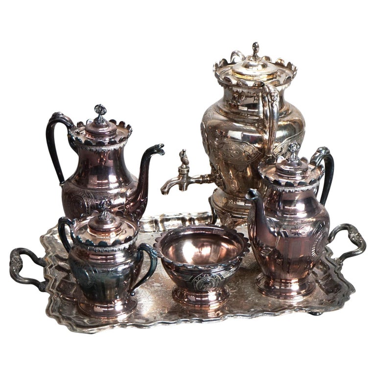 Antique Six Piece Simpson Hall Miller & Co. Silver Plated Figural Tea Set C1890