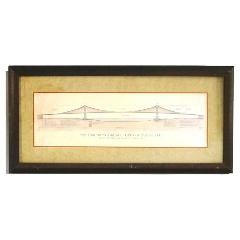 Architectural Rendering of The Brooklyn Bridge, NYC, Framed, 20thC