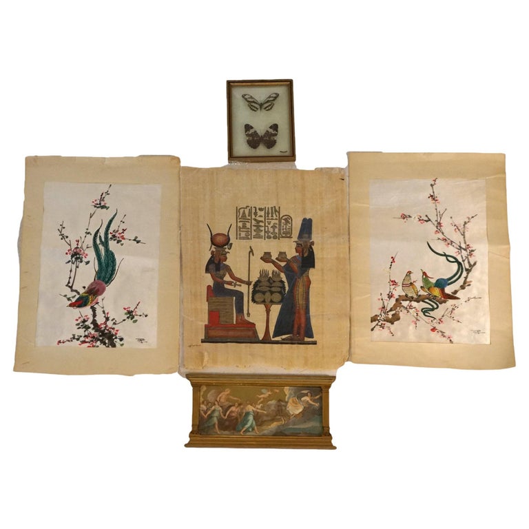 Five Antique Art Pieces Including Two Signed Oil on Silk Paintings