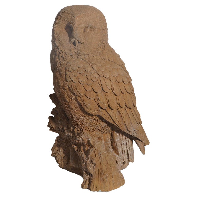 Life Size Bronzed Finish Cast Hard Stone Great Horned Owl Garden Statue, 20th C