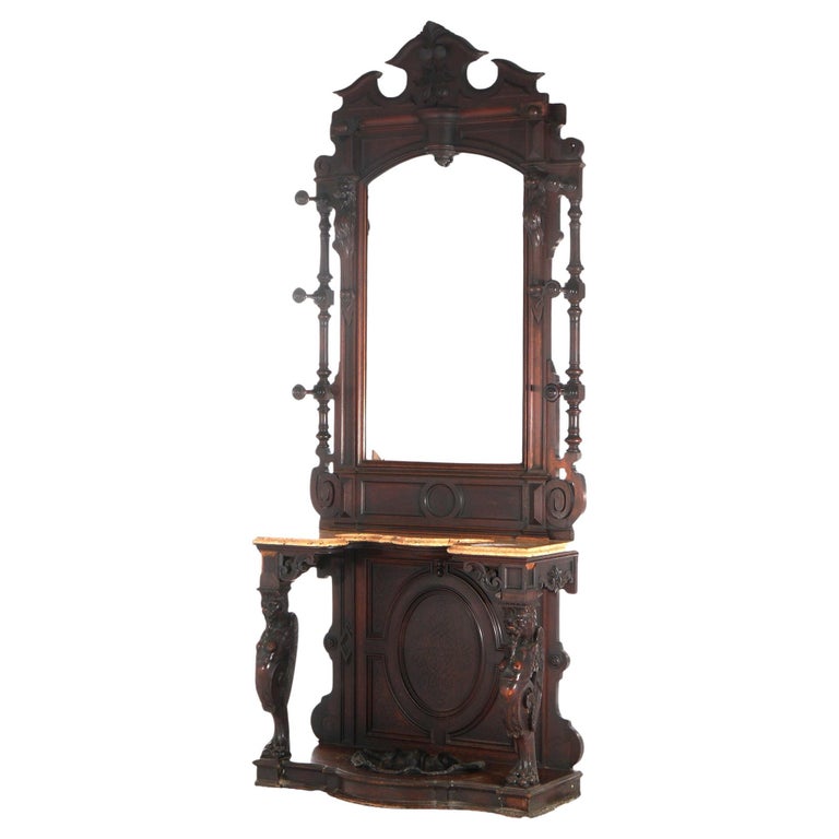 Antique Renaissance Revival Carved Walnut Figural Marble Top Hall Tree c1880
