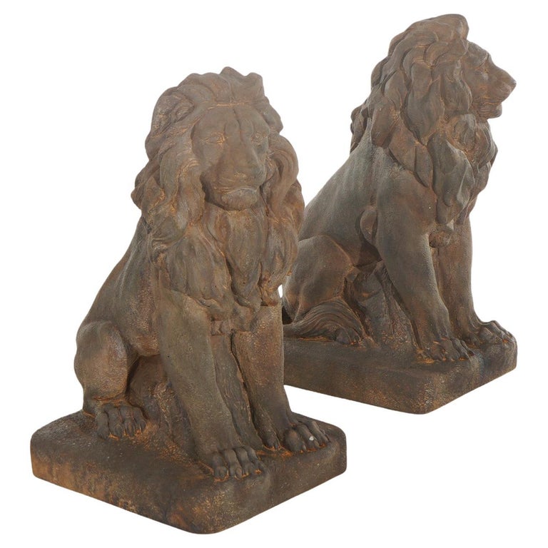 Pair Of Bronzed Cast Hardstone Garden Lions 20thC