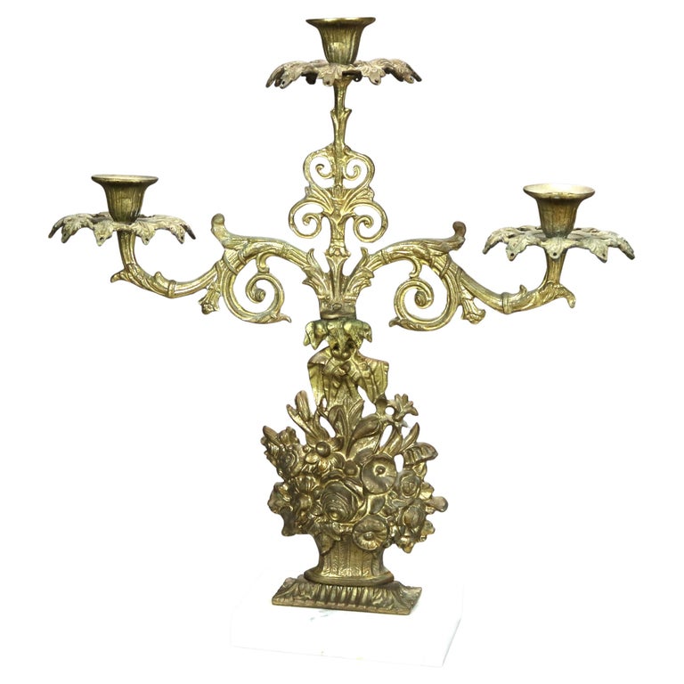Antique Brass & Marble Girandole Candelabra with Basket of Flowers C1890