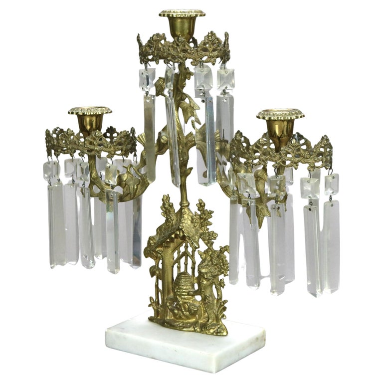 Antique Brass, Crystal & Marble Girandole Candelabra with Beehive & Bear C1890