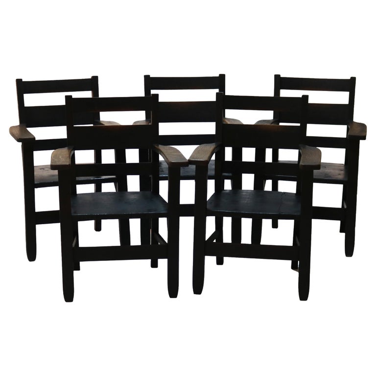 Five Antique RH Conant Sons Arts & Crafts Mission Oak Slat Back Armchairs c1920
