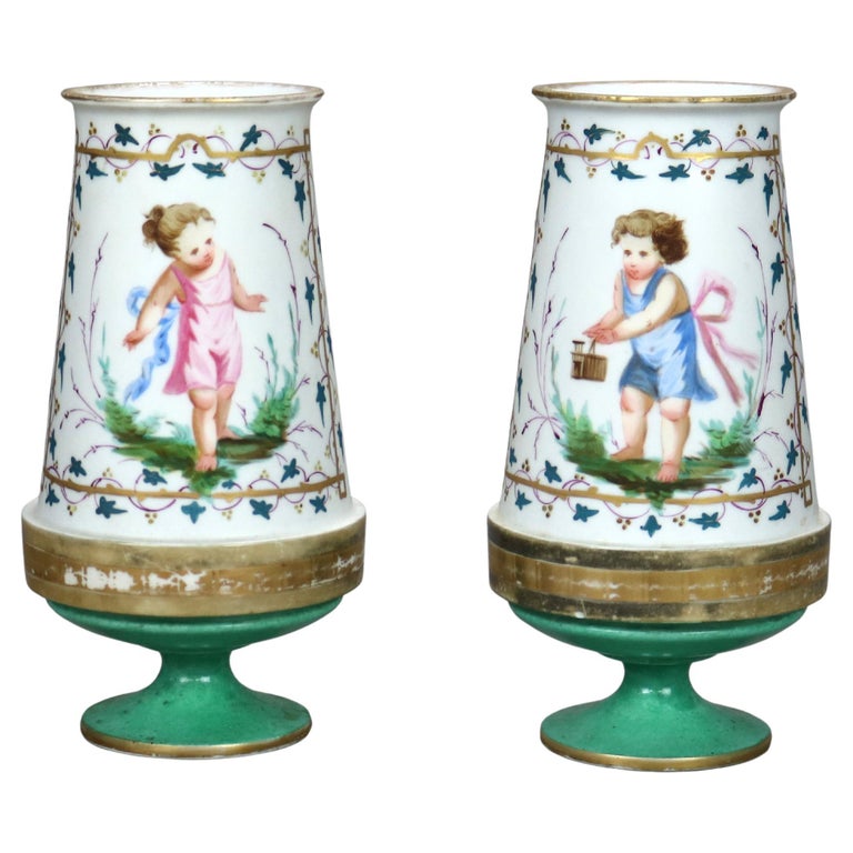 Pair Antique Old Paris Porcelain Vases with Gilt & Hand Painted Children c1890