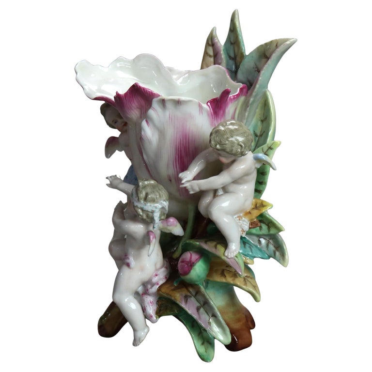 Antique Meissen School Figural Cherub & Flower Porcelain Furstenberg Vase C1910
