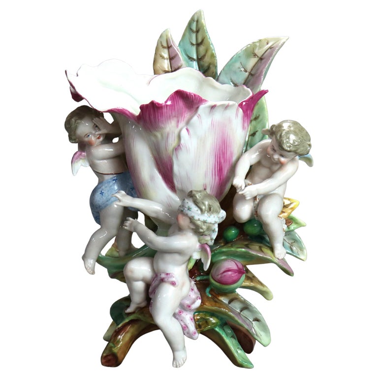 Antique Meissen School Figural Cherub & Flower Porcelain Furstenberg Vase C1910