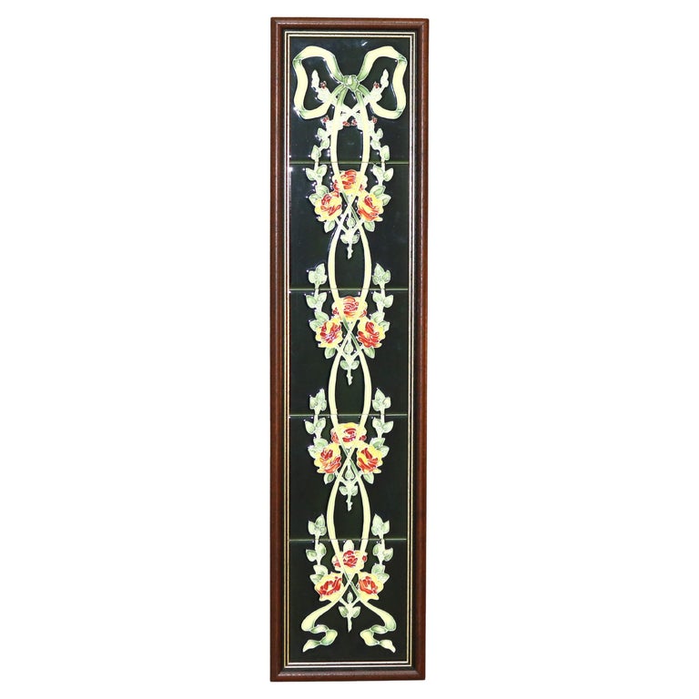 Framed Ceramic Tiled Wall Plaque with Roses 20thC