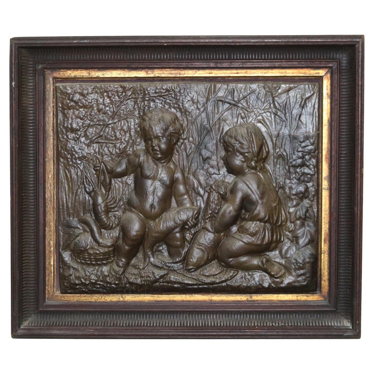 Antique Victorian Classical Bronzed High Relief Plaque with Genre Scene C1890