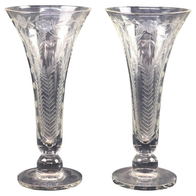 Pair of Cut & Etched Glass Vases with Floral Design, 20thC