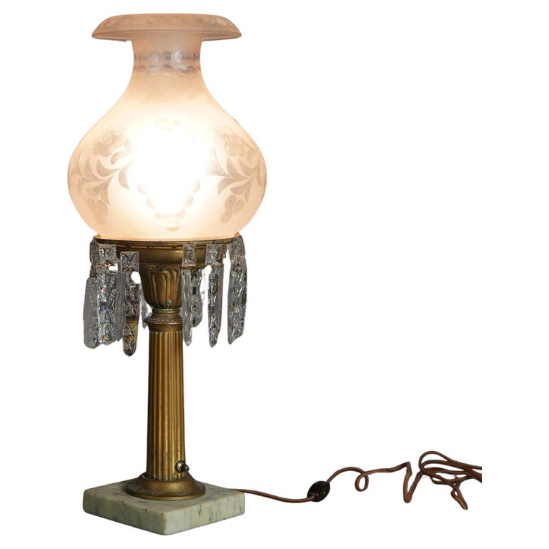 Antique Argand Sinumbra Bronze & Brass Solar Lamp with Opalescent Glass Shade