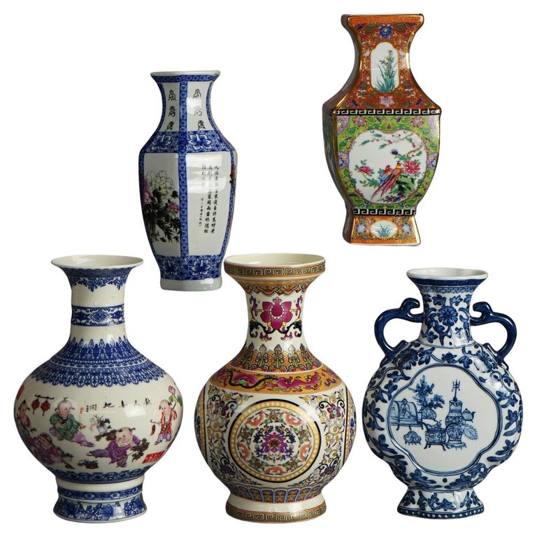 Five Chinese Hand Painted Porcelain Vases 20thC