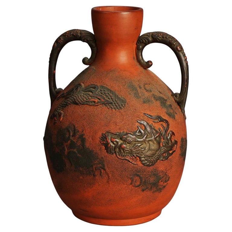 Antique Japanese Carved Relief Terra Cotta Vase C1930